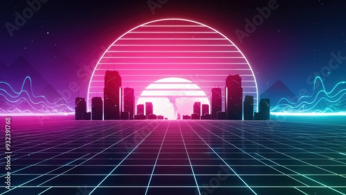 A neon cityscape with a sun in the background, AI