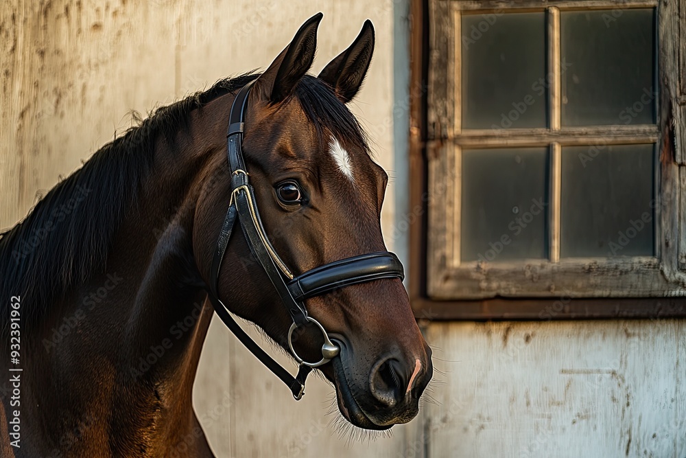 Fototapeta premium A close-up of a brown horse's face. This photo is perfect for equestrian websites, blogs, and social media posts.