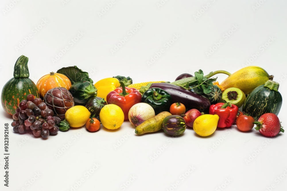 A selection of fruits and vegetables arranged on a white surface A selection of fruits and vegetables arranged on a white surface