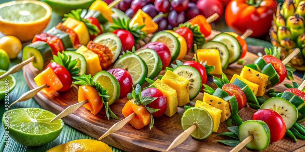 Colorful and juicy, our fruit and vegetable skewers burst with summer flavors and vibrant hues, featuring a medley of tropical fruits and vibrant vegetables. Colorful and juicy, our fruit and vegetable skewers burst with summer flavors and vibrant hues, featuring a medley of tropical fruits and vibrant vegetables.