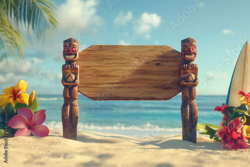 A whimsical tiki totem beach theme with palm trees, sign made from rustic wood planks; tiki-themed blank sign to accept a custom message or design element - a cartoonish model miniature design style photo