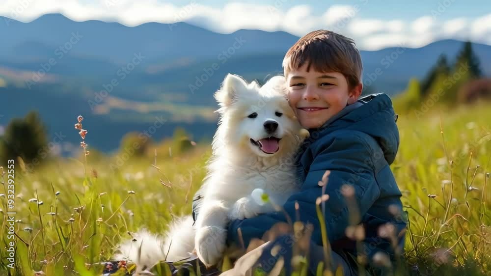  boy hugging a golden retriever in a sunlit meadow