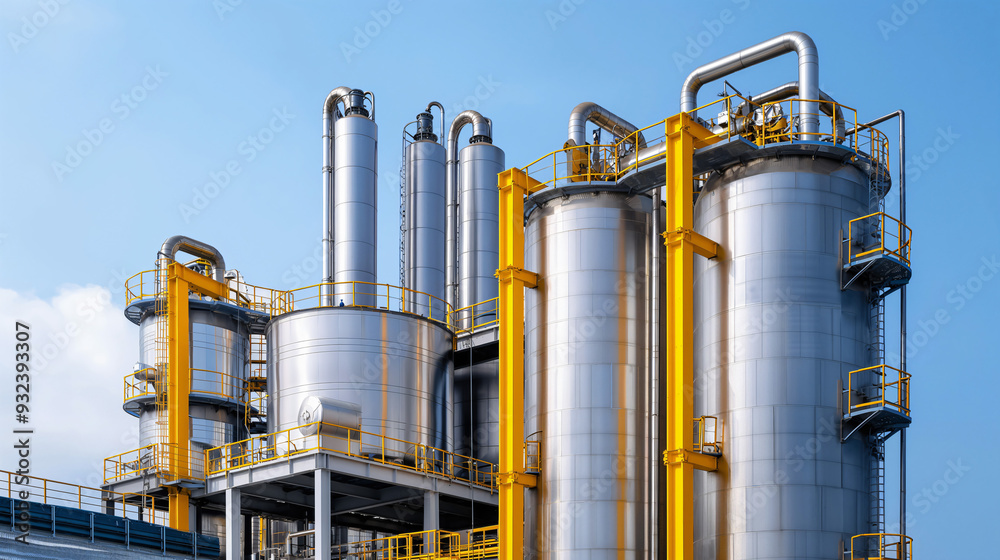 A modern industrial site featuring towering silos and smokestacks surrounded by a clear blue sky, highlighting contemporary engineering A modern industrial site featuring towering silos and smokestacks surrounded by a clear blue sky, highlighting contemporary engineering