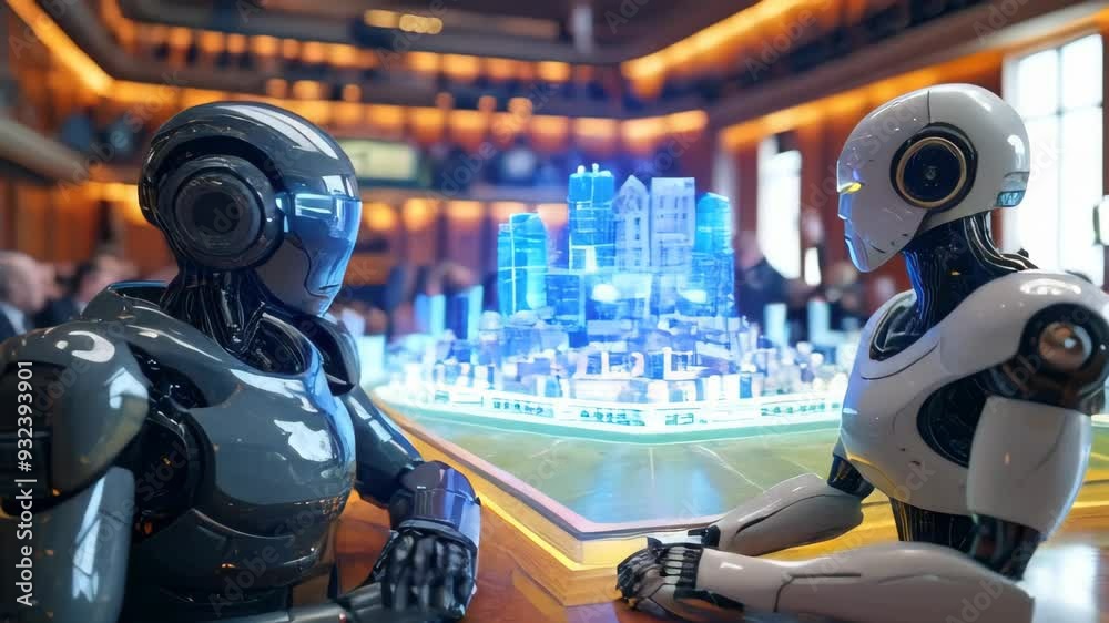 A futuristic marketplace where humans and robots exchange goods. A futuristic marketplace where humans and robots exchange goods.