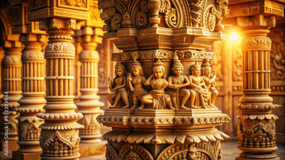 Fototapeta premium Intricately carved ancient Indian temple pillar with ornate designs, mythical creatures, and sacred symbols, set against a warm golden background with subtle shadows.