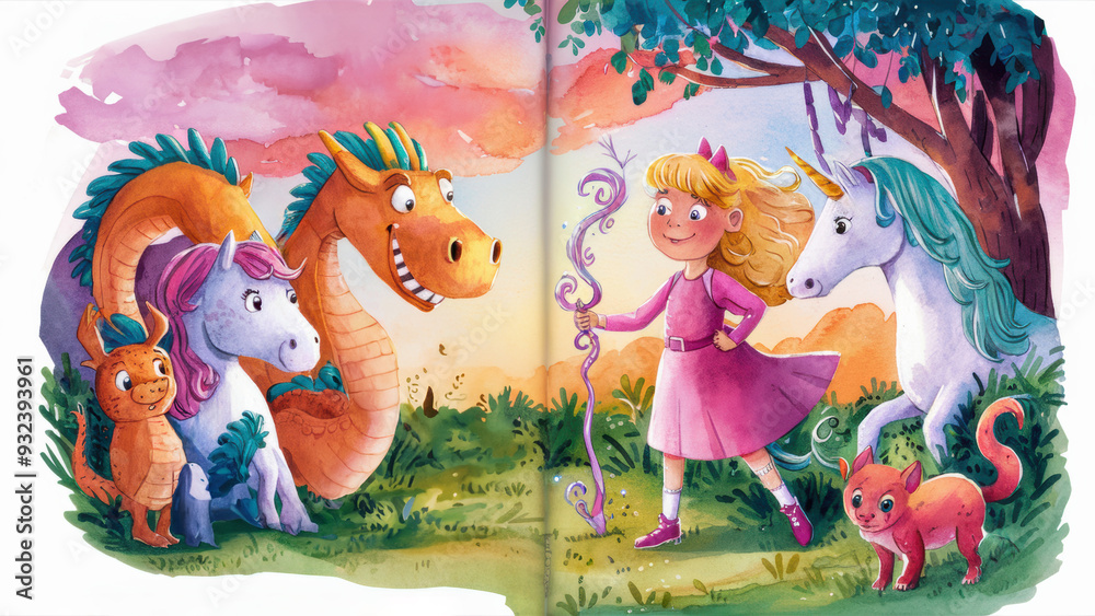 Φωτογραφία A children's book with a girl and her friends in the forest, AI