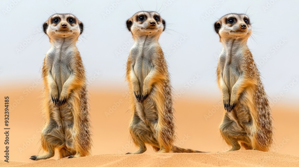 Three Curious Meerkats Standing on Sand in Desert Three Curious Meerkats Standing on Sand in Desert