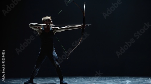 Precision in Darkness: A Master Archer’s Focus and Skill in an Intense Black Setting, Showcasing Archery Expertise and Unwavering Accuracy