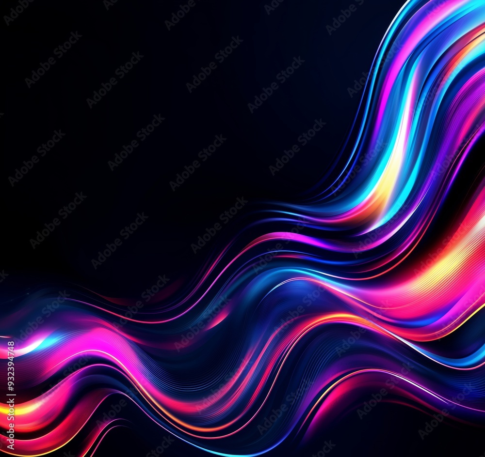 Vibrant dynamic abstract energetic flow of wavy color patterns representing stylish digital technology energy waves on a black background. Generative AI Vibrant dynamic abstract energetic flow of wavy color patterns representing stylish digital technology energy waves on a black background. Generative AI
