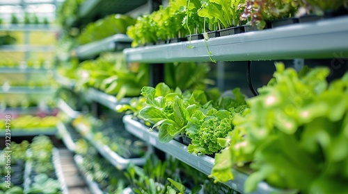 A vibrant greenhouse filled with various types of leafy greens and plants on shelves.