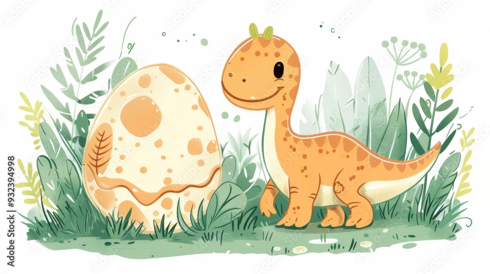 Naklejka premium A cartoon dinosaur is walking over a baby dinosaur egg