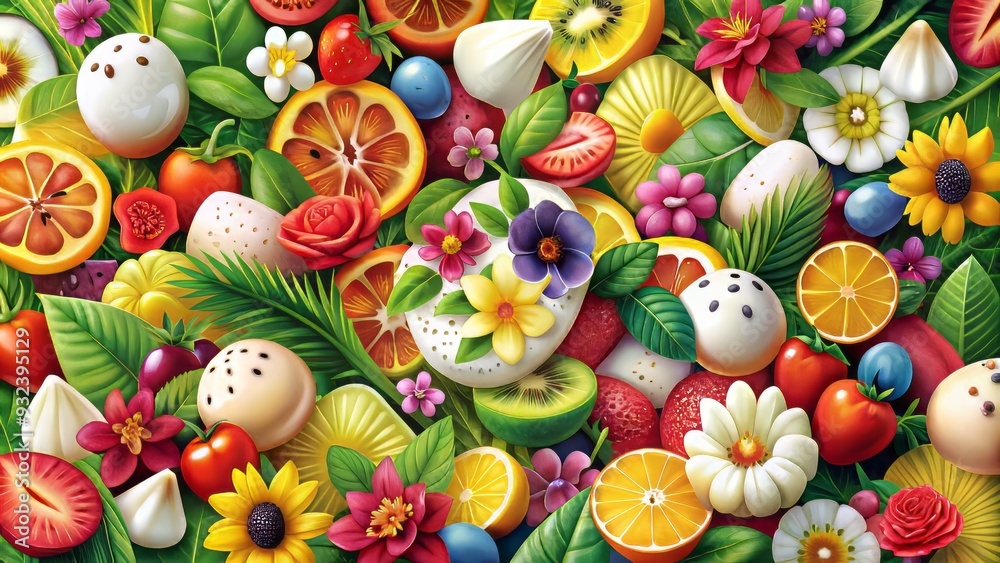 Colorful tropical fruits and flowers blend into a melted mozzarella masterpiece, creating a vibrant and playful edible paradise for the eyes.