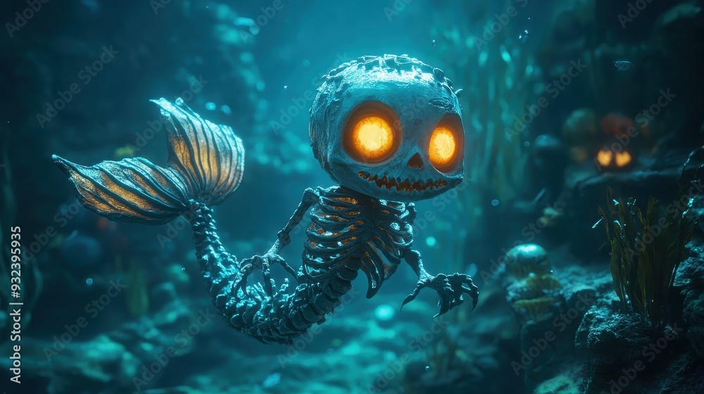 A skeleton mermaid is swimming in a dark blue ocean