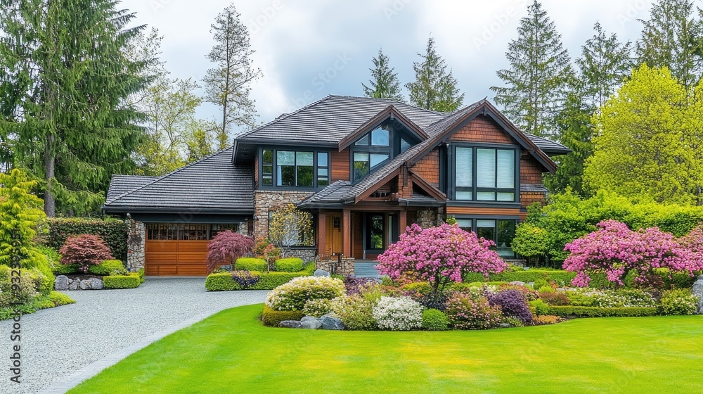 A modern house with a large lawn. Perfect for illustrating concepts of homeownership, real estate, or landscaping. A modern house with a large lawn. Perfect for illustrating concepts of homeownership, real estate, or landscaping.