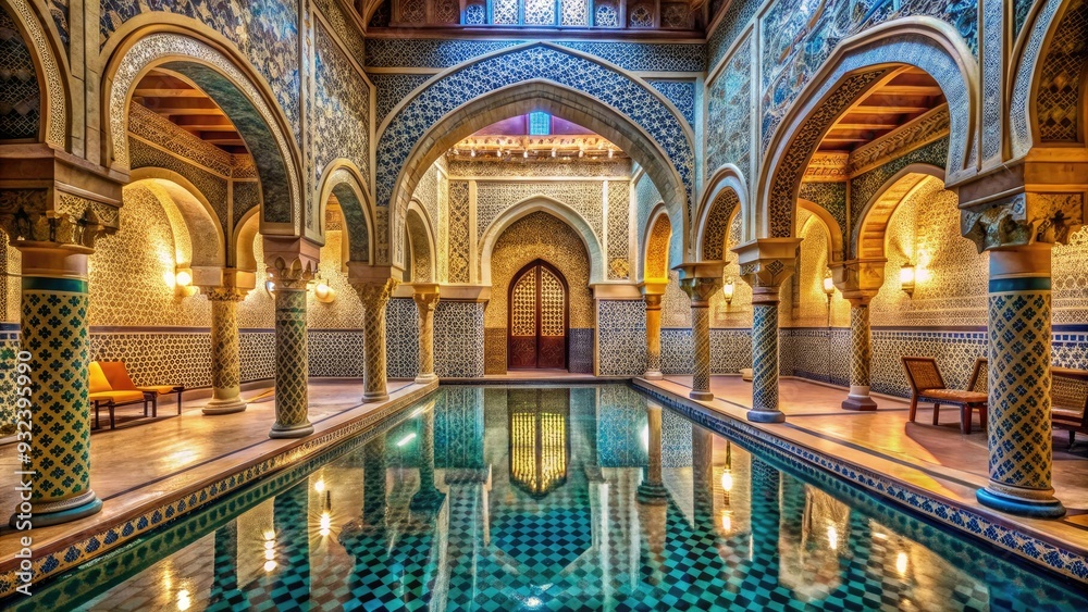 Obraz premium Intricately tiled Arabian baths with ornate arches and serene lighting evoke the rich Moorish heritage of Spain's ancient architectural treasures.