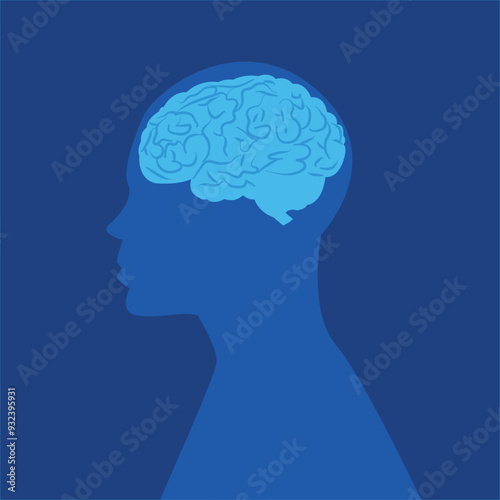 silhouette of human with brain on blue background