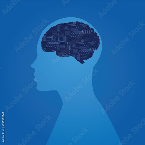 silhouette illustration of person with brain with circuits, artificial intelligence