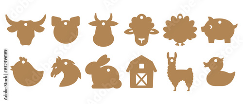 Set of farm animals gift tags shapes. Vector templates for cutting. Craft paper and cardboard label cut files