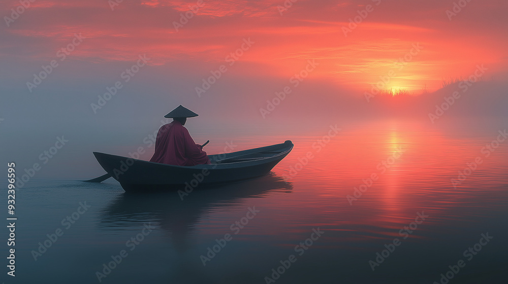 Silhouette of a fishing boat on the ocean at sunset, with orange and red hues painting the sky Silhouette of a fishing boat on the ocean at sunset, with orange and red hues painting the sky