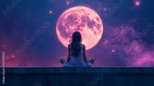 Silhouette of woman meditating on moonlit sky, yoga pose, love and peace photo