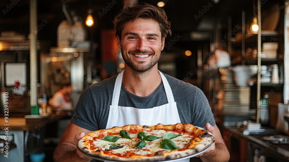A happy man holds a pizza in a kitchen. This image is perfect for a website promoting food or restaurants. A happy man holds a pizza in a kitchen. This image is perfect for a website promoting food or restaurants.