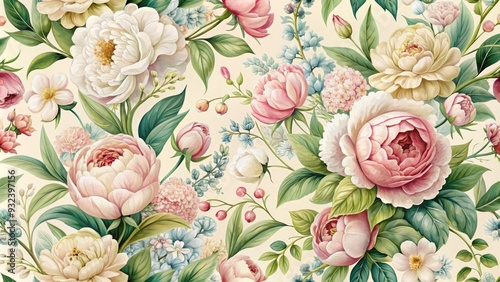 Intricate vintage-inspired floral pattern featuring blooming peonies, roses, and lily-of-the-valley in soft pastel hues on a creamy white background, perfect for textiles and designs.