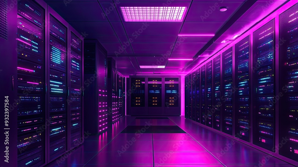 A long hallway with server racks. This photo can be used for themes related to technology, data, and the internet. A long hallway with server racks. This photo can be used for themes related to technology, data, and the internet.