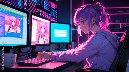 An anime girl with glowing neon purple hair, sitting at a computer in a room bathed in neon pink and blue light, with screens displaying complex data and holographic hd Hyper Resolution 
