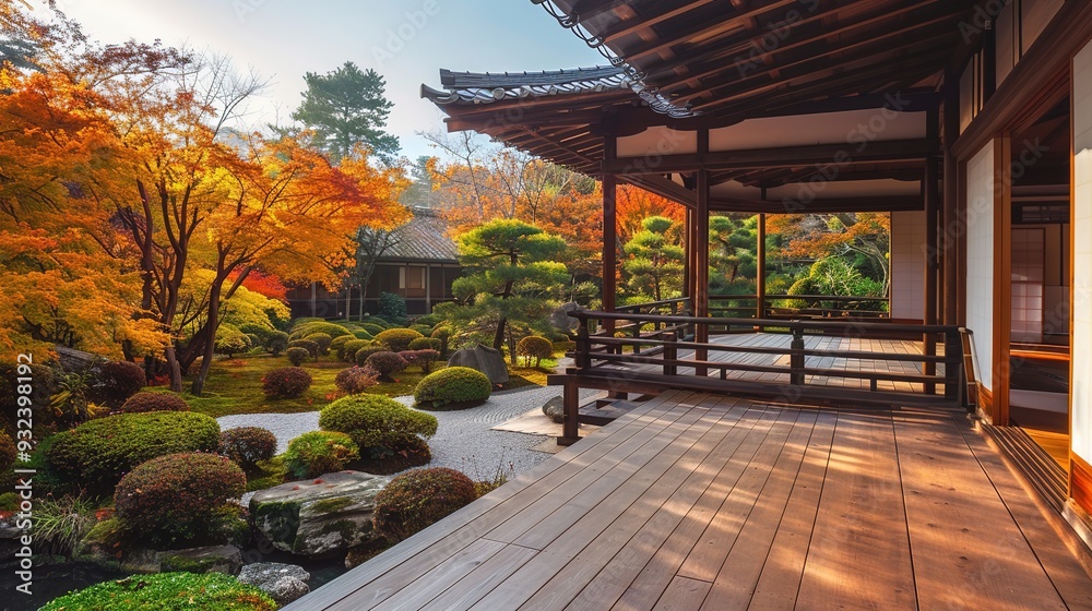 A serene Japanese garden during autumn, showcasing vibrant foliage and traditional architecture. A serene Japanese garden during autumn, showcasing vibrant foliage and traditional architecture.