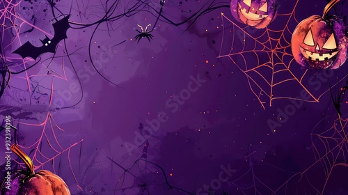An illustrated purple Halloween background with a bat, spider, and jack-o-lanterns.