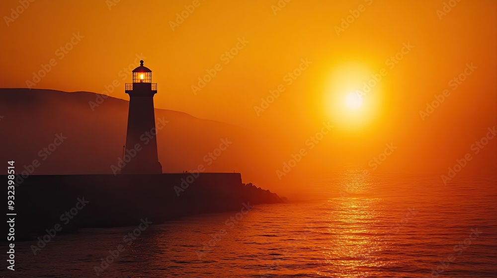 Lighthouse silhouette at sunset. Perfect for designs about safety, hope, and guidance.