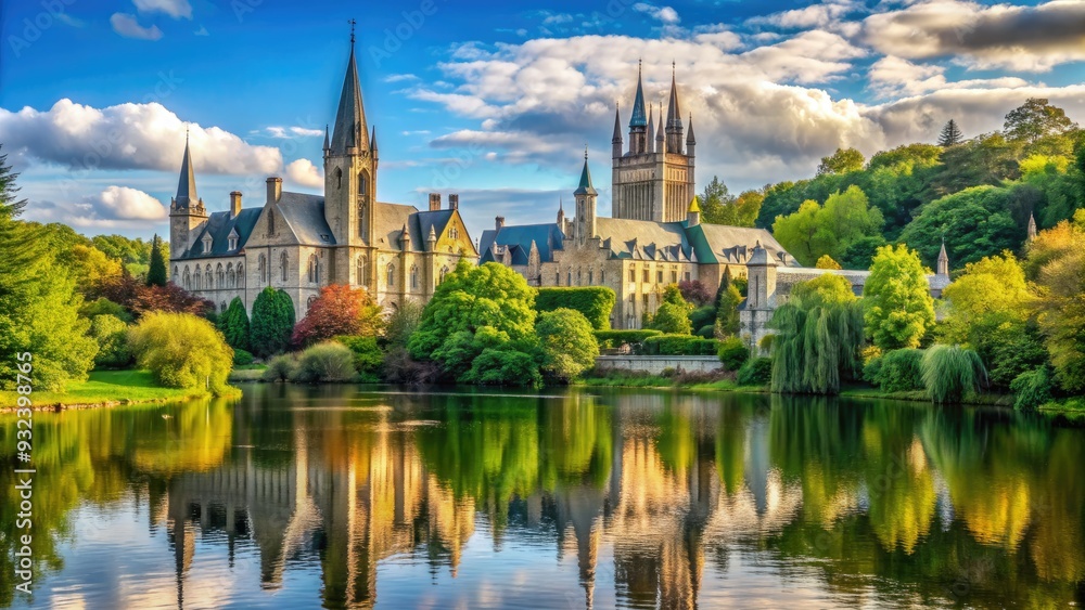 Naklejka premium Ivory stone walls and majestic Gothic spires of a prestigious university rise above a serene lake and lush green forests on a sunny day.