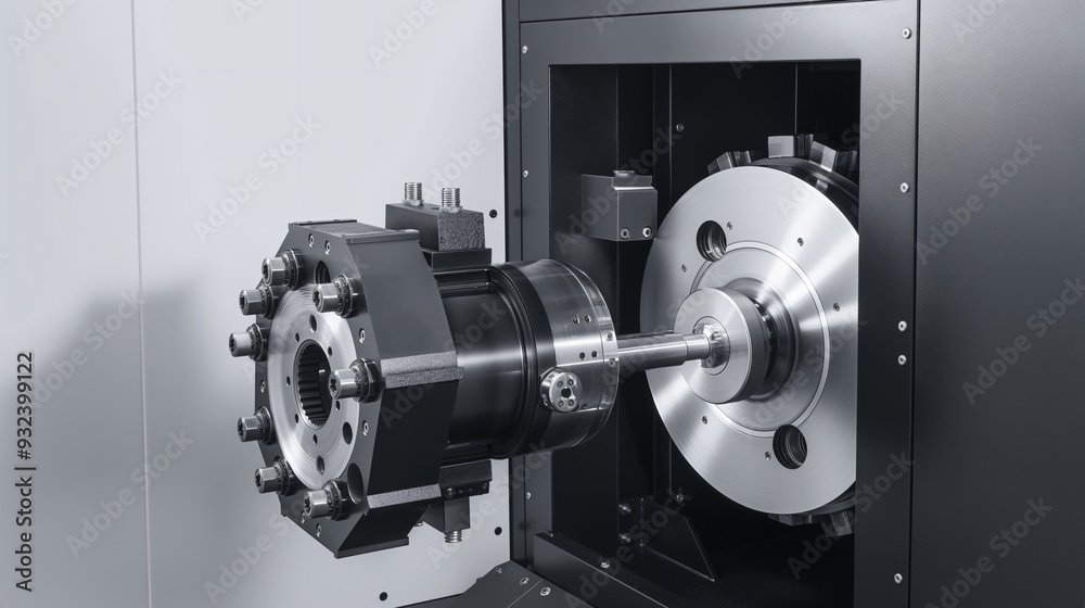 Fototapeta premium A state-of-the-art industrial machine showcases a multi-function spindle engaged in precise manufacturing tasks