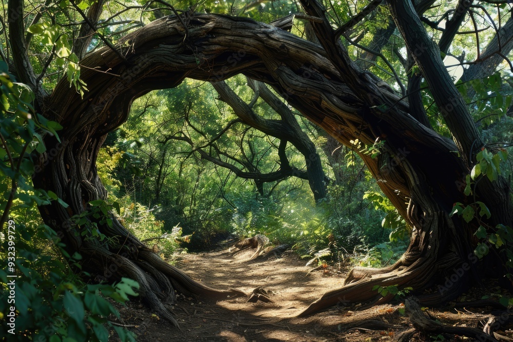 A tree grows over a worn dirt path, surrounded by foliage A tree grows over a worn dirt path, surrounded by foliage