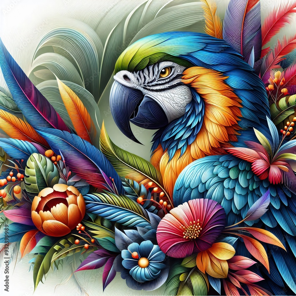 Fototapeta premium Tropical Parrot Amidst Lush Flora. Generated AI