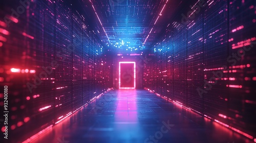 Abstract door in tunnel with digital data center light signal. Future computer technology concept of cyber gateway in cyberspace or metaverse.