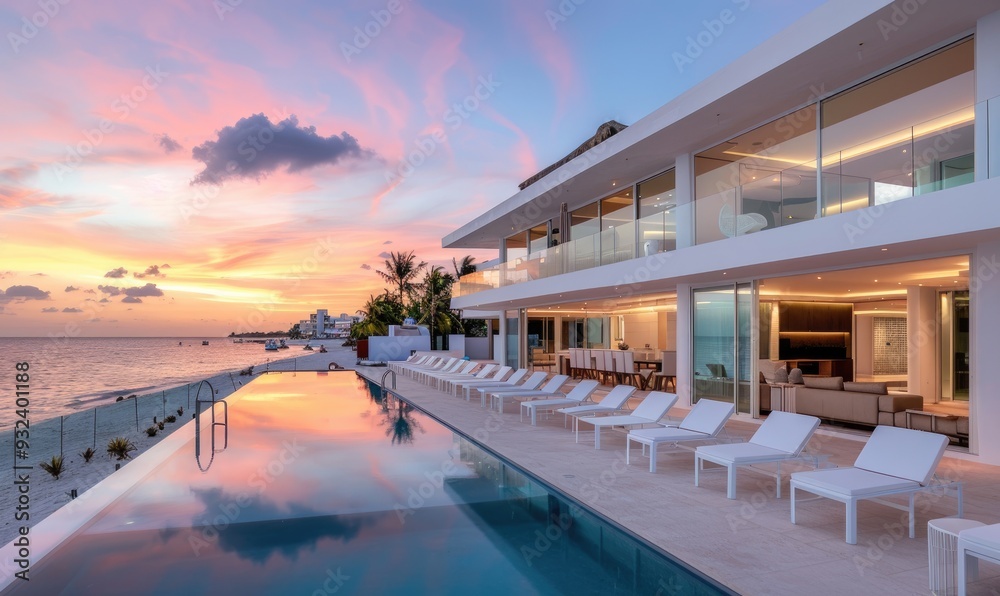 Fototapeta premium Modern Mansion with Glass Windows Overlooking Cancun Beach at Sunset