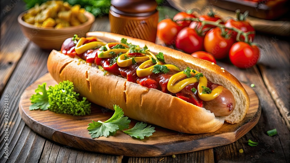 Juicy hot dog smothered in ketchup, mustard, and relish, served on a toasted bun, fresh from the grill, emitting a savory aroma. Juicy hot dog smothered in ketchup, mustard, and relish, served on a toasted bun, fresh from the grill, emitting a savory aroma.