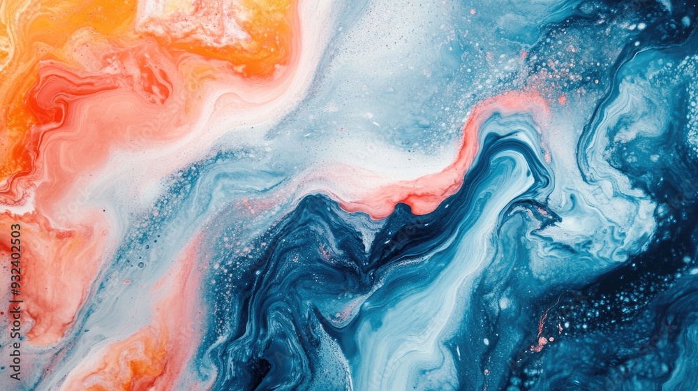 Obraz premium Abstract paint swirls in blue, orange, and pink. This image can be used as a background for websites, social media posts, and other digital media.