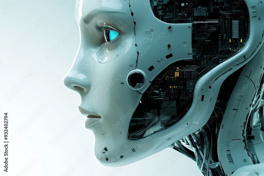 Close up profile of a humanoid robot with intricate cybernetic design highlighting the advanced engineering and aesthetics of AI in a futuristic world Close up profile of a humanoid robot with intricate cybernetic design highlighting the advanced engineering and aesthetics of AI in a futuristic world