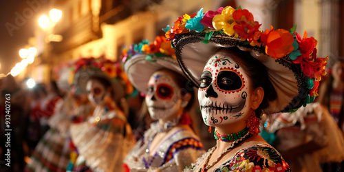 Varias mujeres en fila disfrazadas y maquilladas de Catrina, desfile de día de muertos. photo