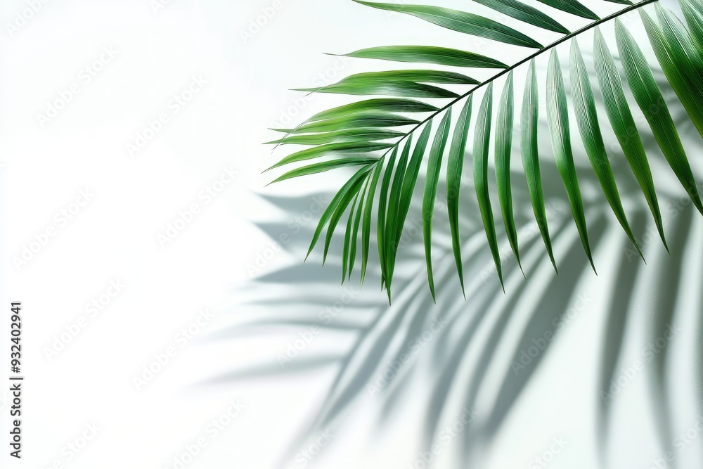 Fototapeta premium Palm leaf shadow on white background. Ideal for adding a touch of nature and tropical vibes to your designs.