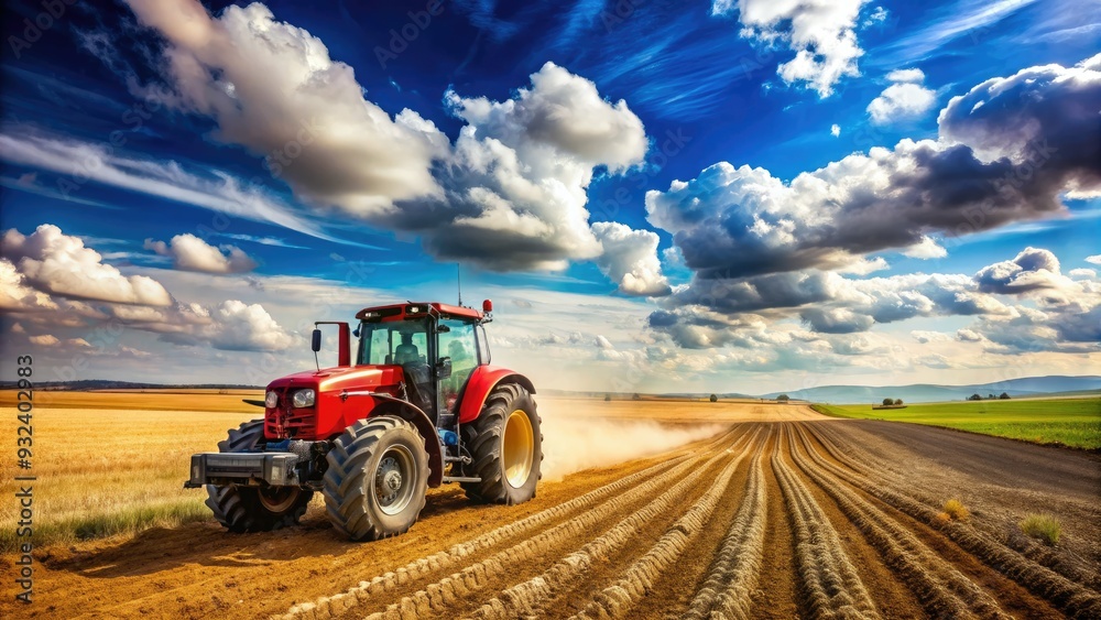Large powerful tractor drives across a vast open field on a sunny day with a bright blue sky and white puffy clouds. Large powerful tractor drives across a vast open field on a sunny day with a bright blue sky and white puffy clouds.