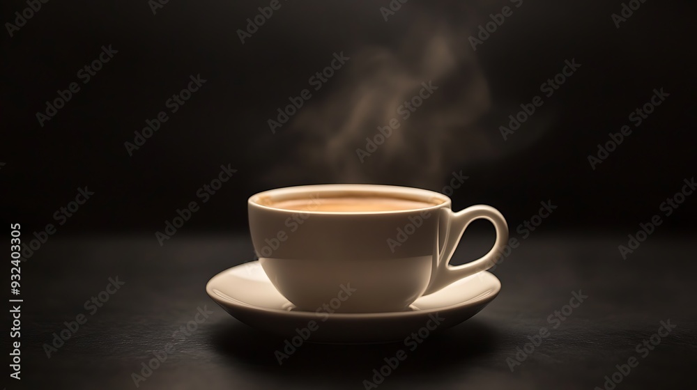 Obraz premium A white ceramic cup of hot coffee with steam rising on a dark background.