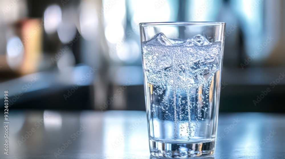 A glass of sparkling water on a table in a bright cafe A glass of sparkling water on a table in a bright cafe