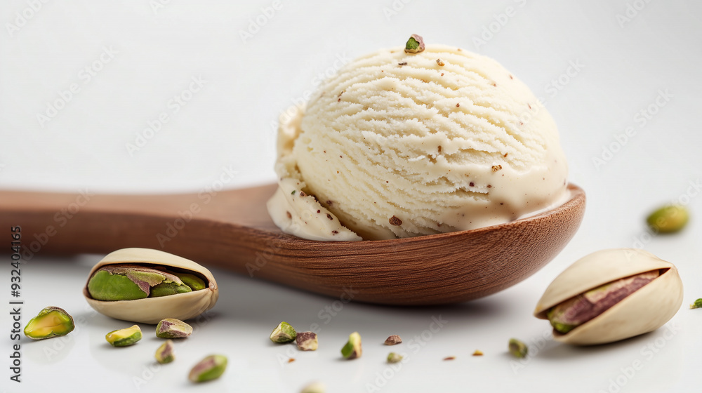 Uma colher de madeira com uma bola de sorvete de pistache e ao lado alguns pistaches isolados em fundo branco Uma colher de madeira com uma bola de sorvete de pistache e ao lado alguns pistaches isolados em fundo branco