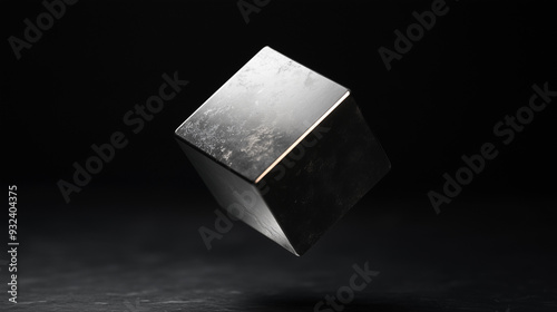 Um cubo metálico de nióbio flutuando em um ambiente escuro