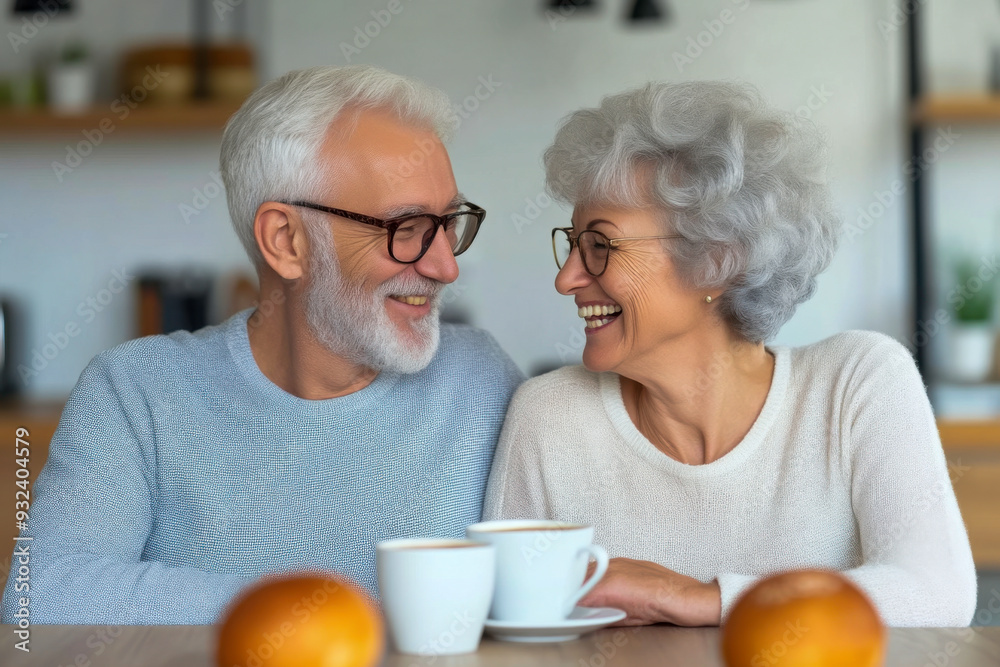 A couple of older people are sitting at a table with cups of coffee and oranges