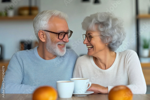 Wallpaper Mural A couple of older people are sitting at a table with cups of coffee and oranges Torontodigital.ca