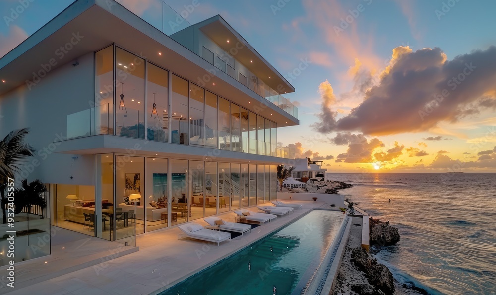 Fototapeta premium Modern Mansion with Glass Windows Overlooking Cancun Beach at Sunset